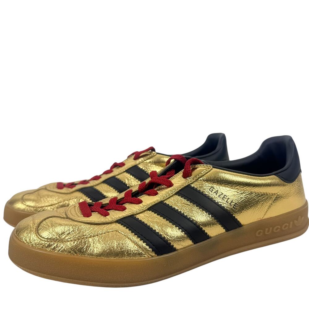 Gucci X Adidas Gazelle Metallic Lace Up Leather Sneakers Gold Size 9.5 - Picture 3 of 11